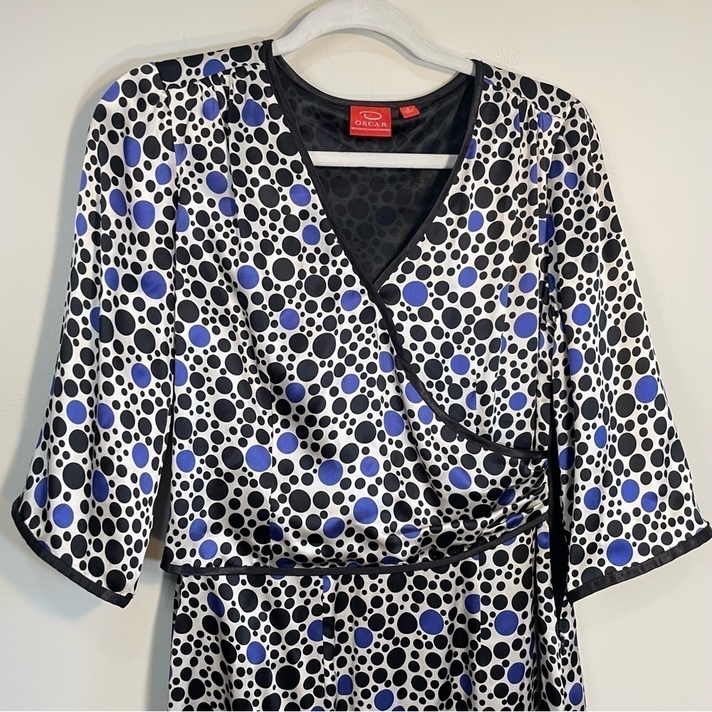 Oscar de la Renta Silk V-Neck Blue Black Polka Dot Faux Wrap Long Sleeve Dress